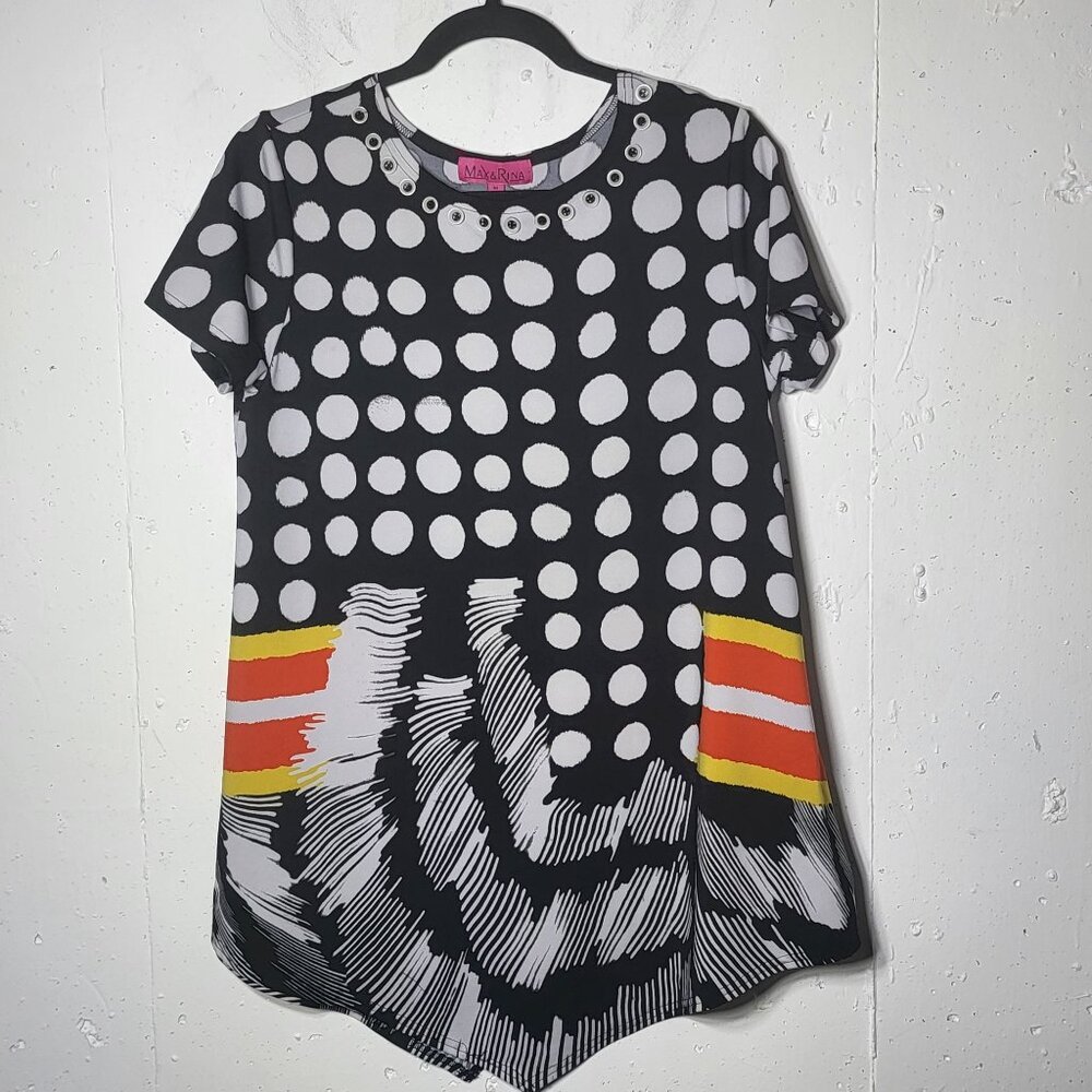 Max & Rina Womens Asymmetrical Polka Dot Blouse Size Medium Art to Wear Stretch
